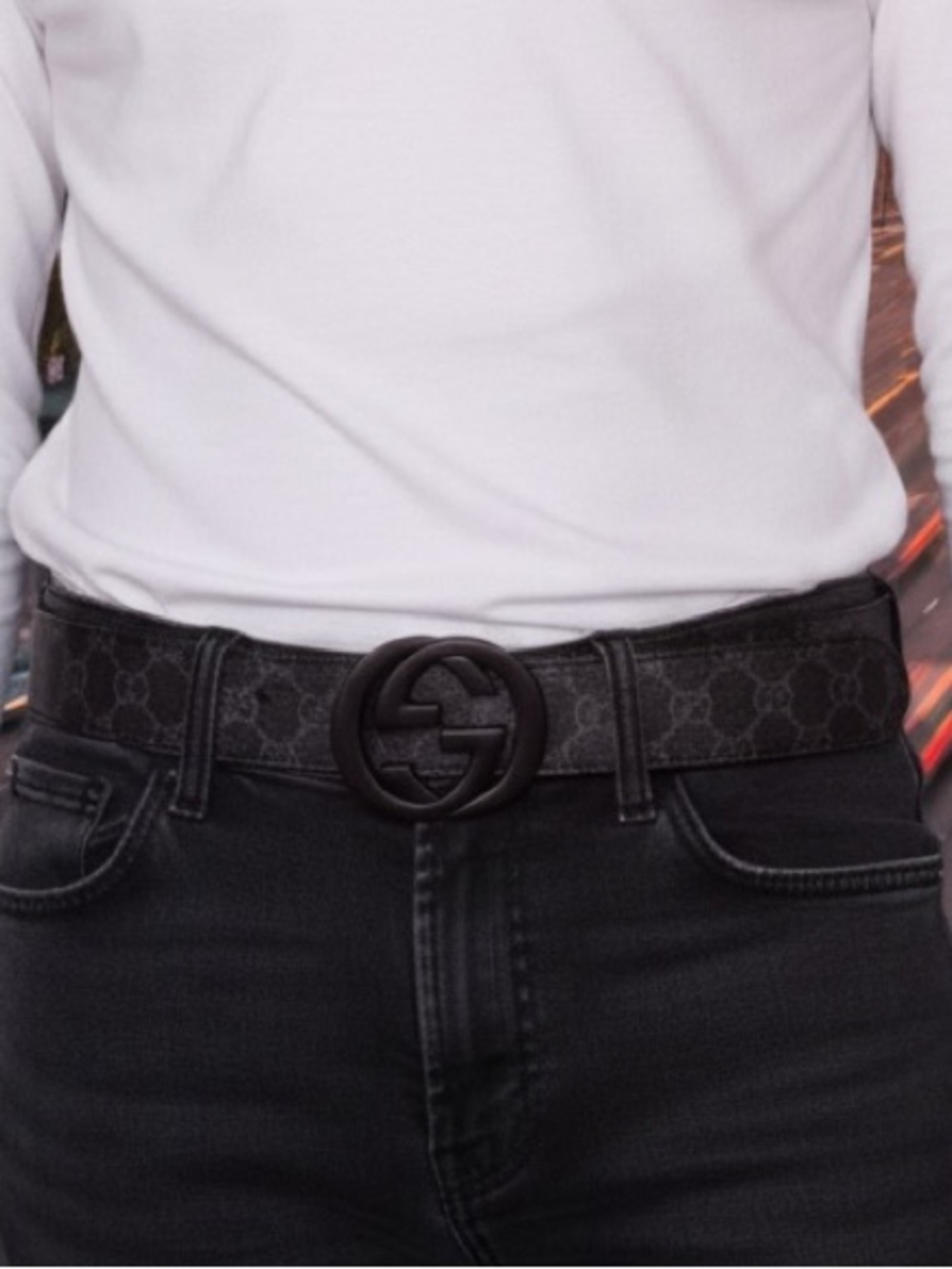 Interlocking matte black G Buckle Belt monogram black gray leather unisex new